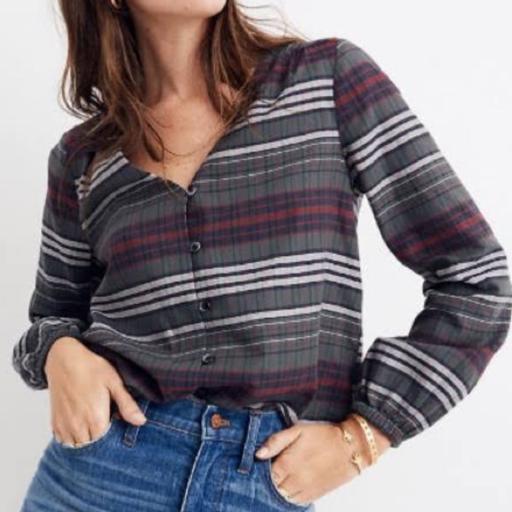 Madewell Vneck Buttondown in Plaid